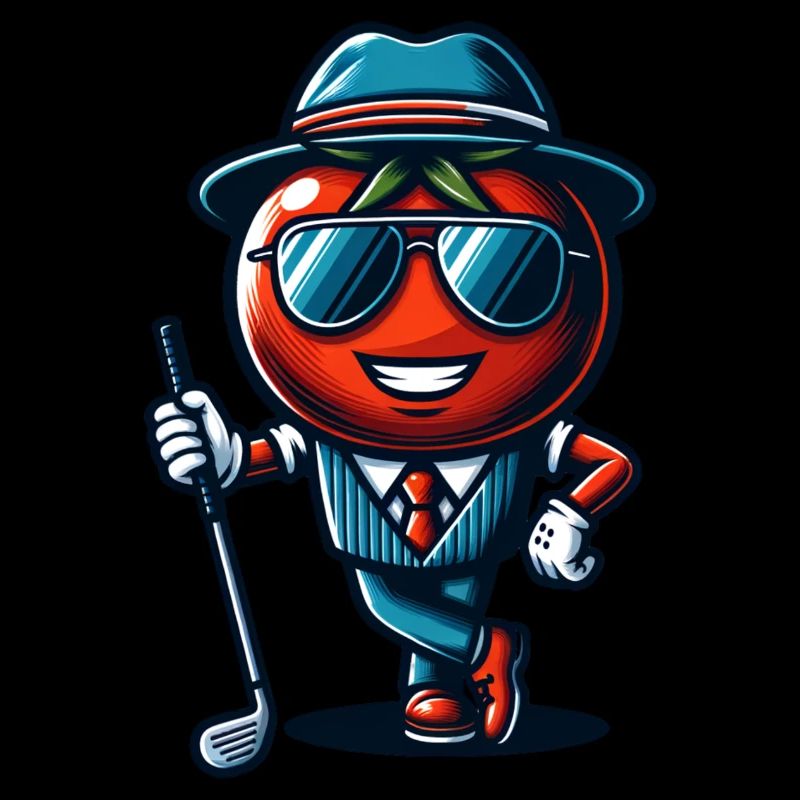 Drôle de tomate de golf dans un costume cool avec