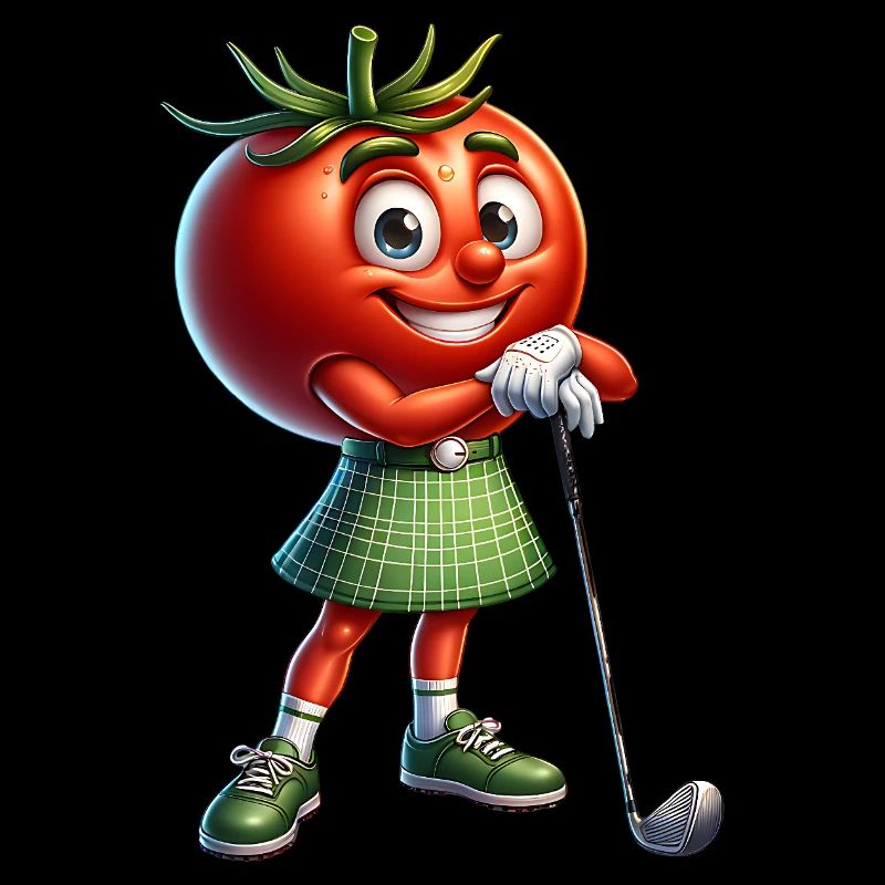 Funny golf tomato with checkered skirt ready for