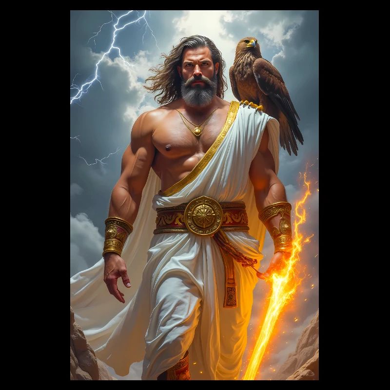 Zeus, dieu barbu tenant un éclair, tempête
