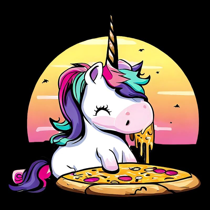 Licorne mangeant une pizza au coucher du soleil