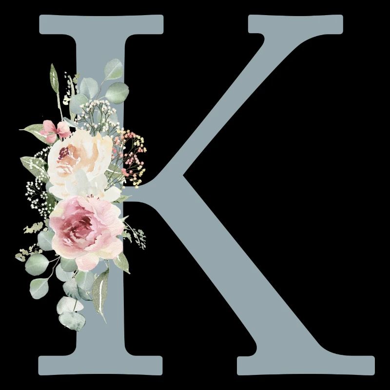 K| Monogramm | Eukalyptus-Pastell-Blumen-Blau