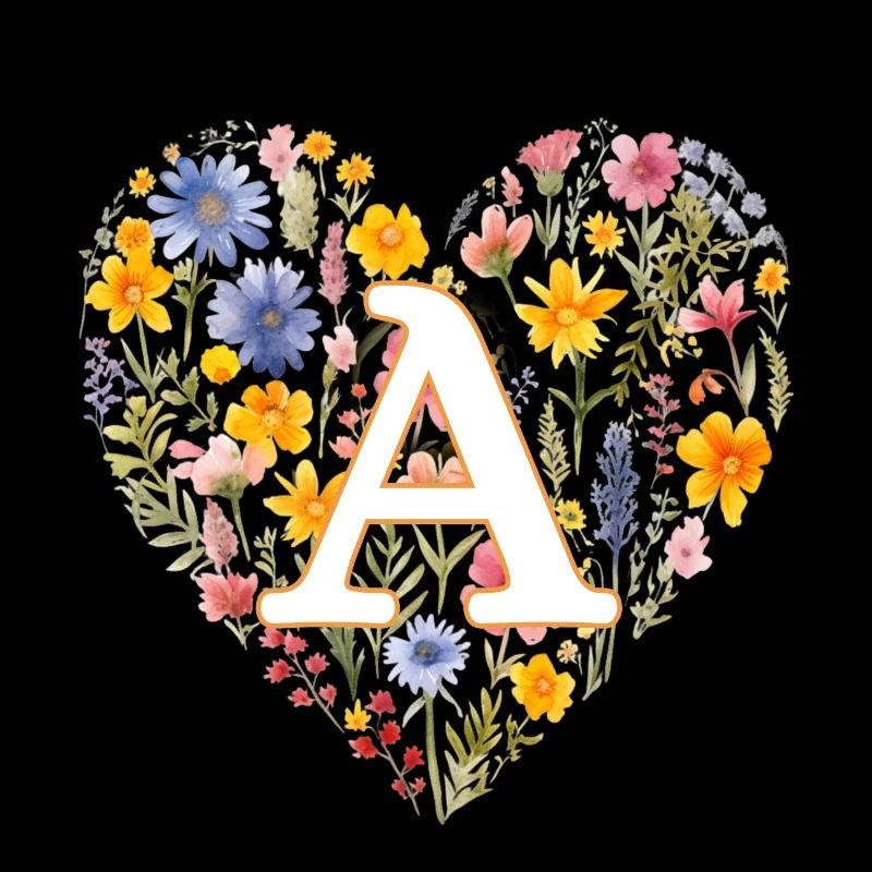 Lettre A, monogramme, fleurs de coeur