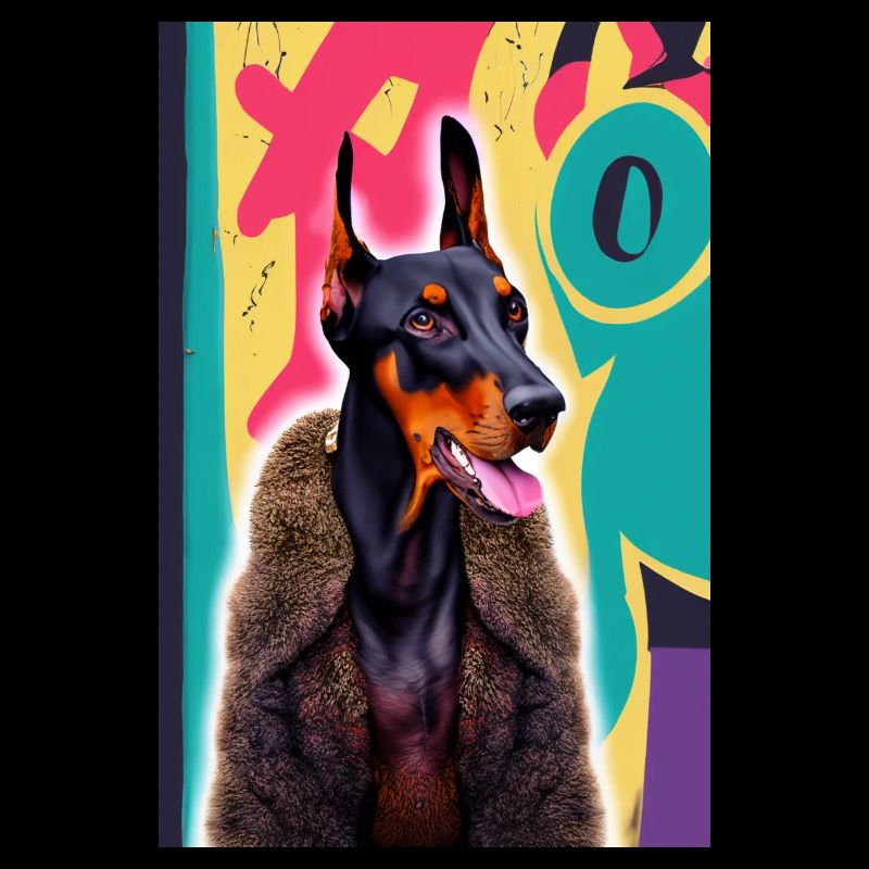 Bosshafter Dobermann im Pelzmantel vor Graffiti