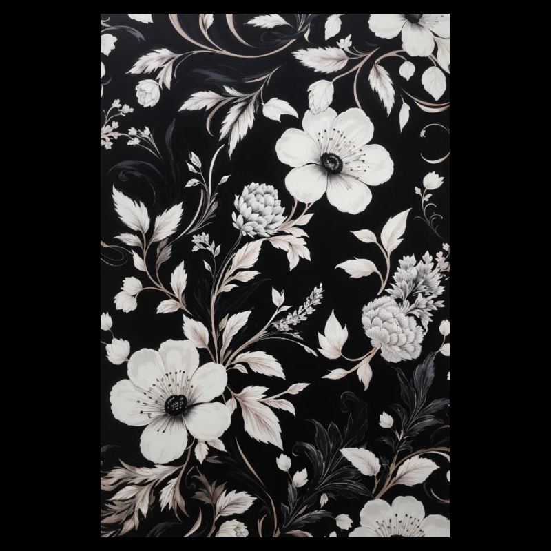 Black background with white floral pattern.