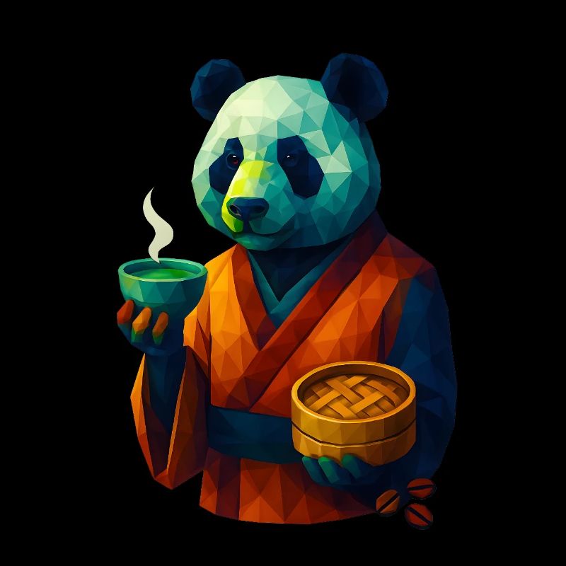 WPAP Style Animals - Panda Bear in Kimono Drinking Tea