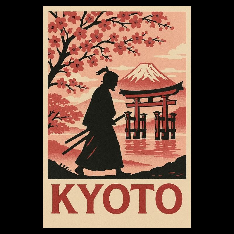 Kyoto Samurai and Cherry Blossoms Silhouette