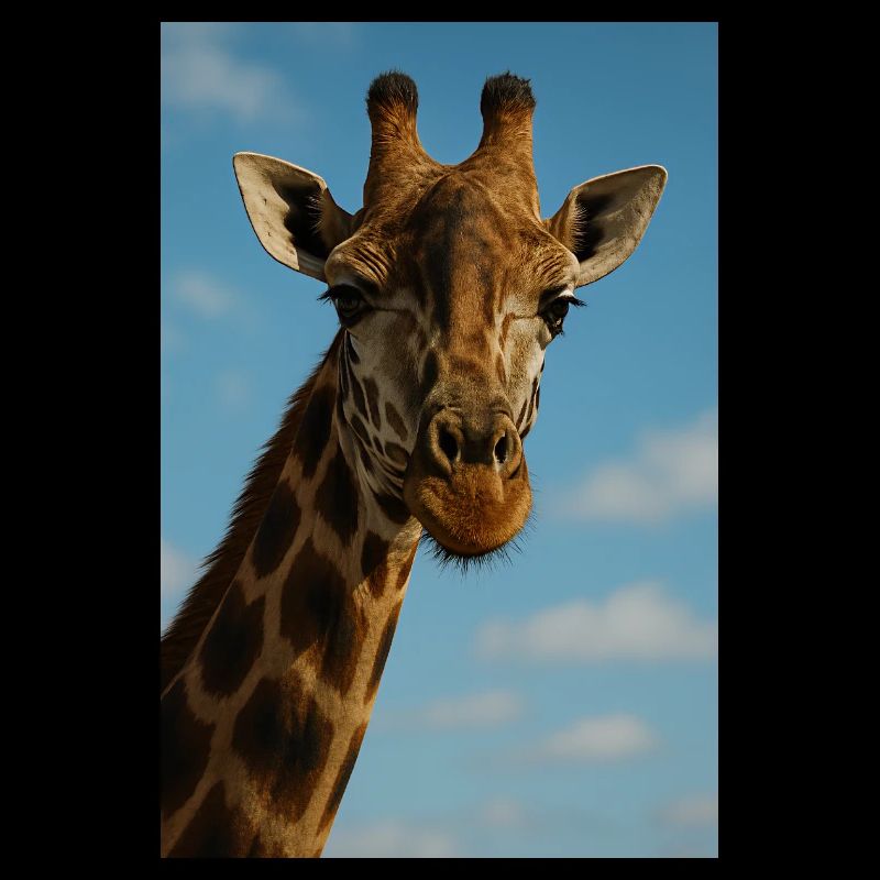 Giraffe face against blue sky