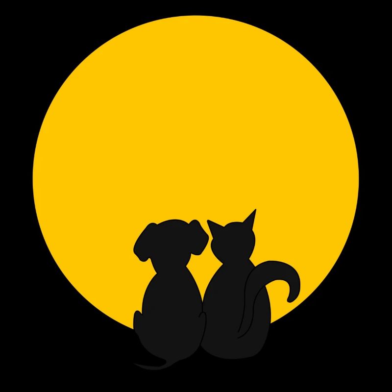 Chat et chien devant la lune