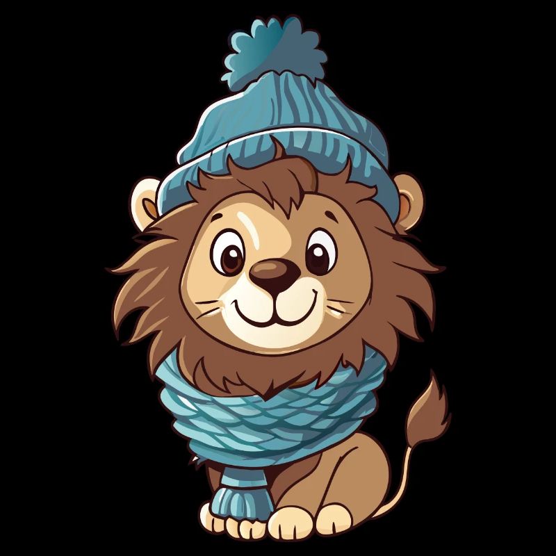 Mignon lion avec écharpe et chapeau à pompon.