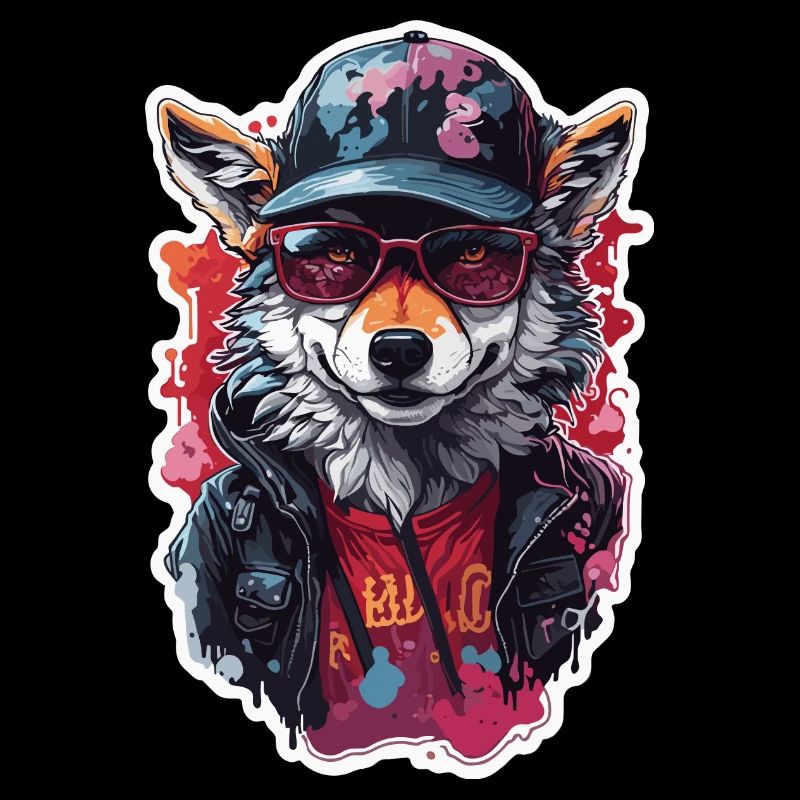 Wolf Cool Cool with Cap and Glasses Colorful