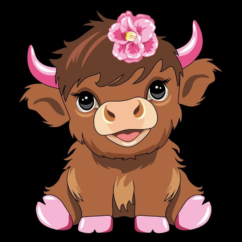Mignon bébé vache des hautes terres avec une fleur rose