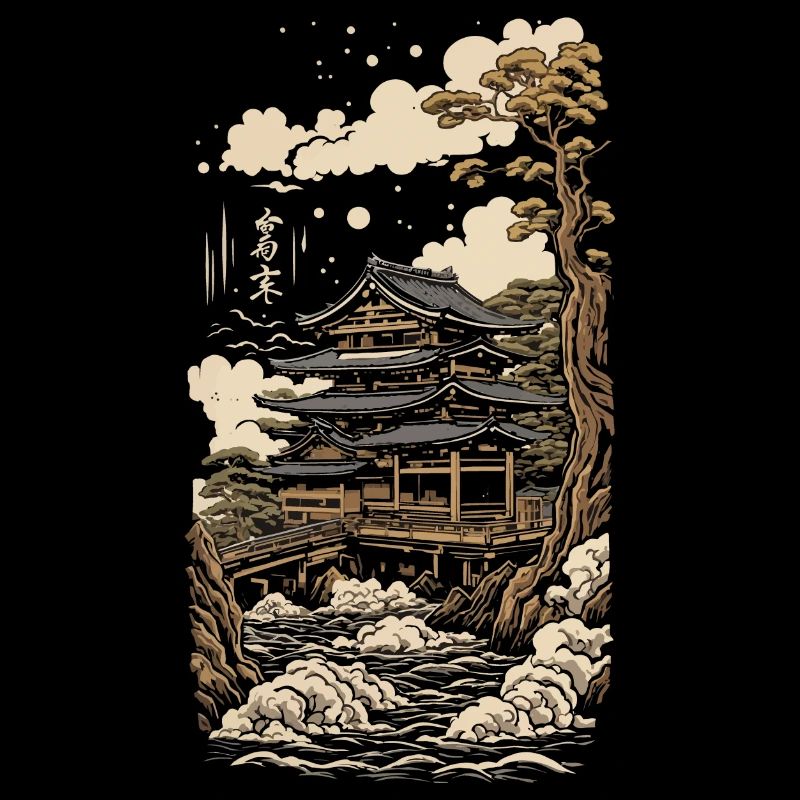 Tempel in Ukiyo-E Vintage Japan Kunst