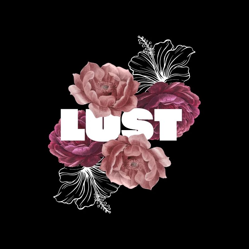"Lust" with pink roses background