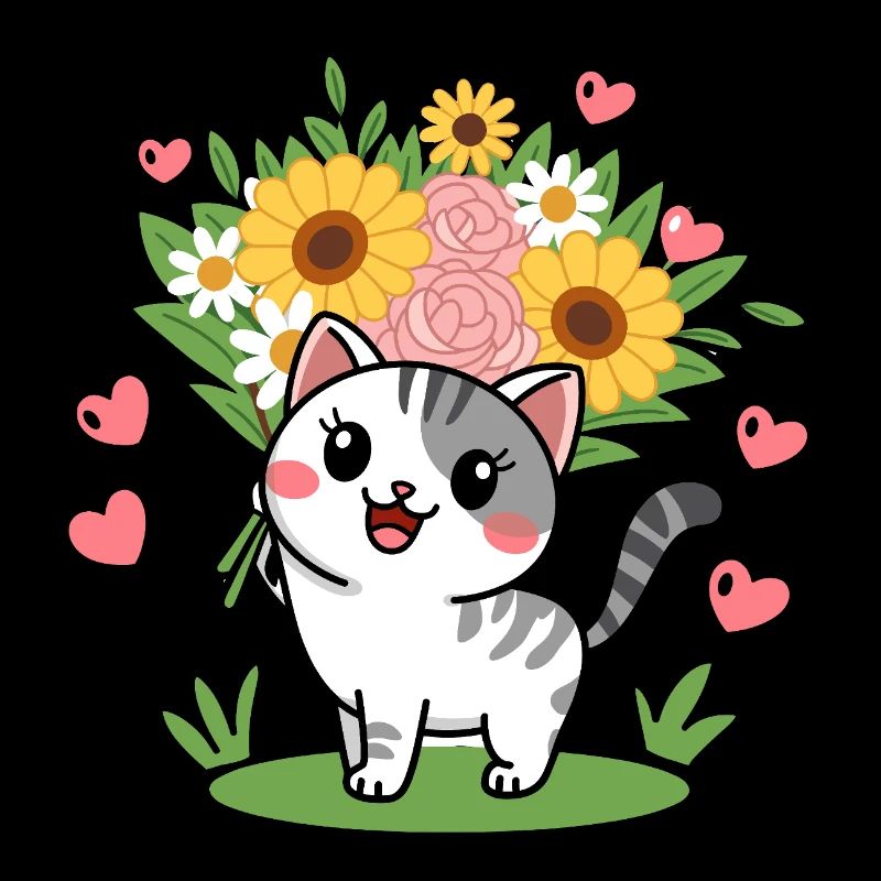 Chaton mignon avec bouquet de fleurs