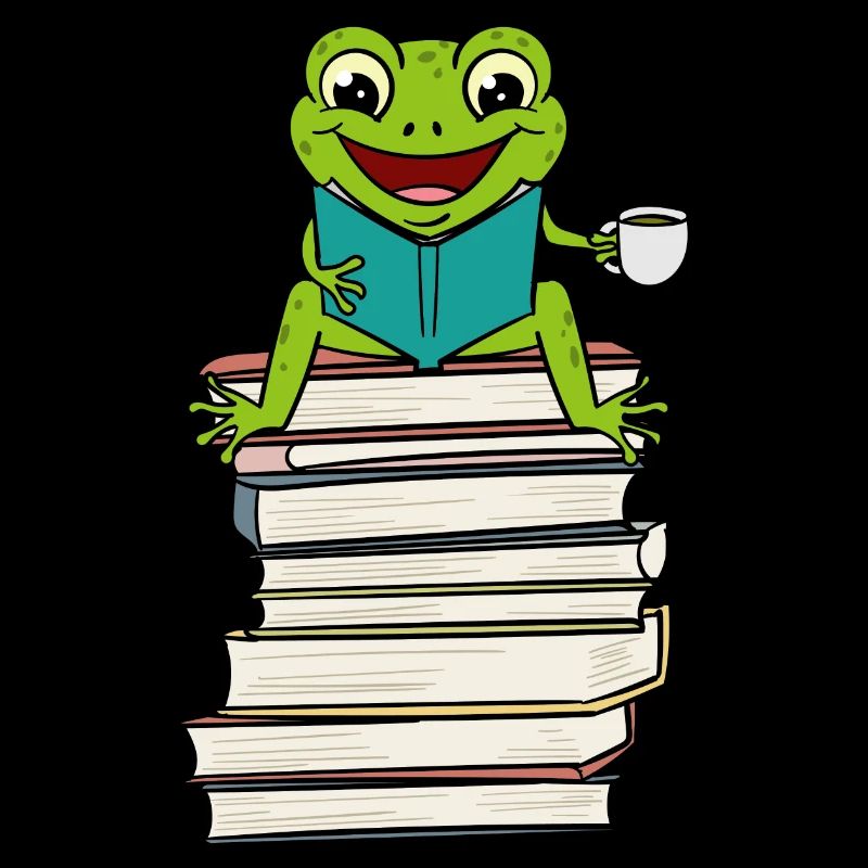 Frog sitting on Book Reading and drinking Coffee