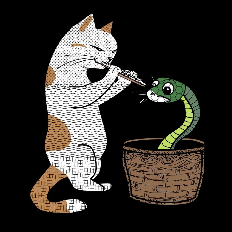 Cat plays flute and hynotizes snake