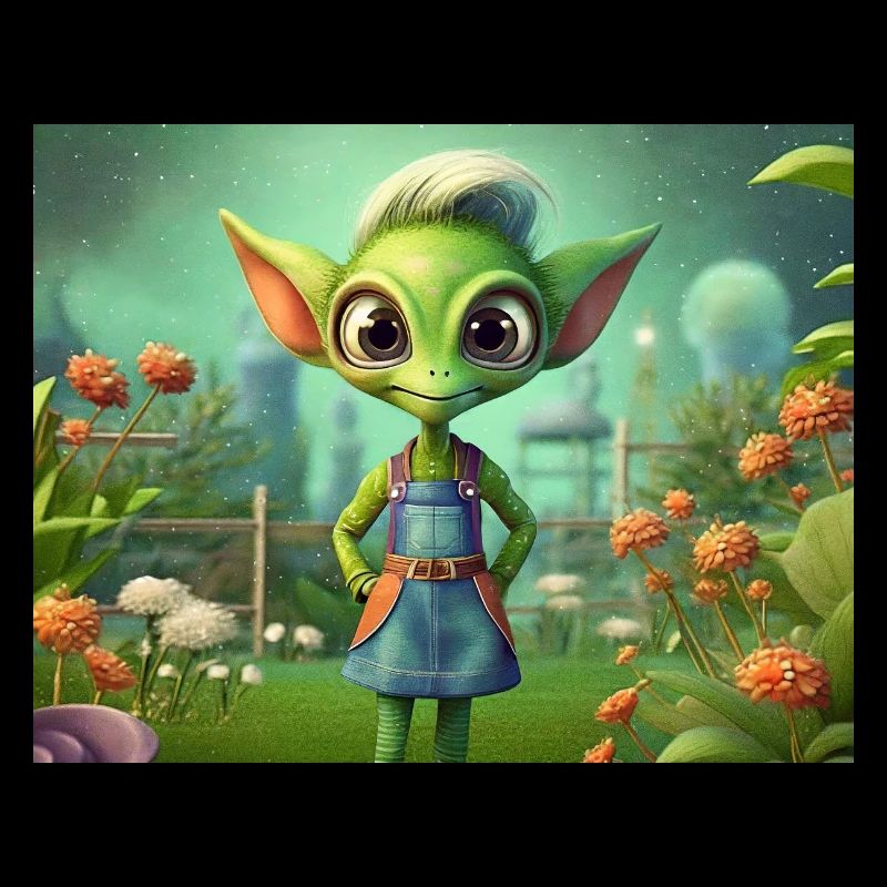 cute little green retro alien working garden