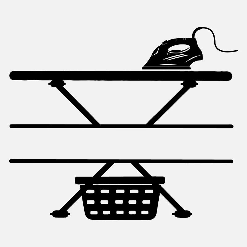 Fer à repasser, planche à repasser et panier à linge, bannière de texte