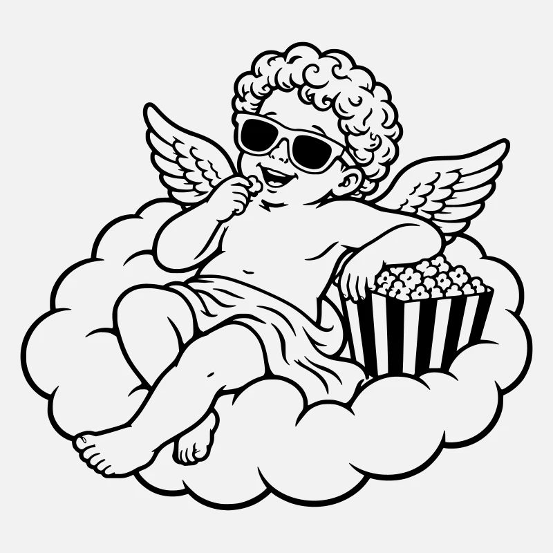 Un chérubin frissonne avec du pop-corn sur un nuage