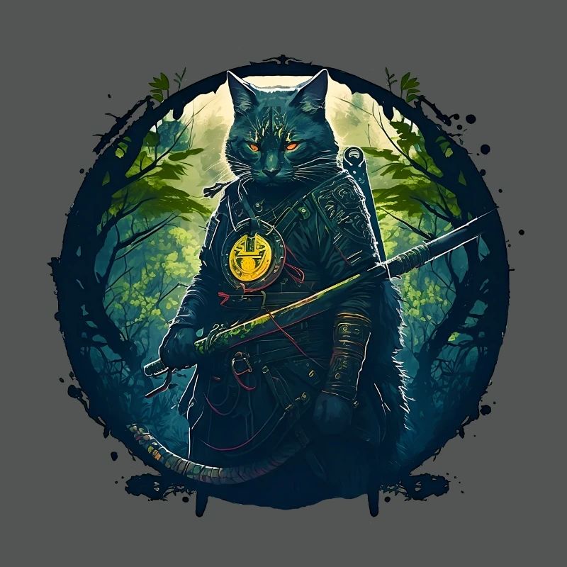 Chat comme samouraï dans la forêt
