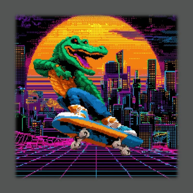 Skating Pixel Krokodil im Retro 80s Synthwave