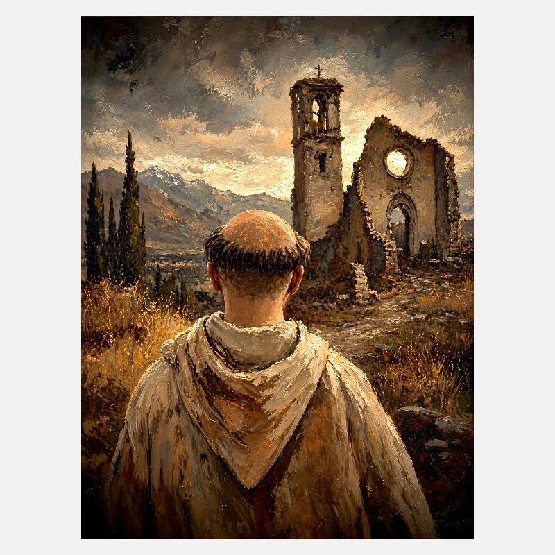 Moine devant les ruines au coucher du soleil