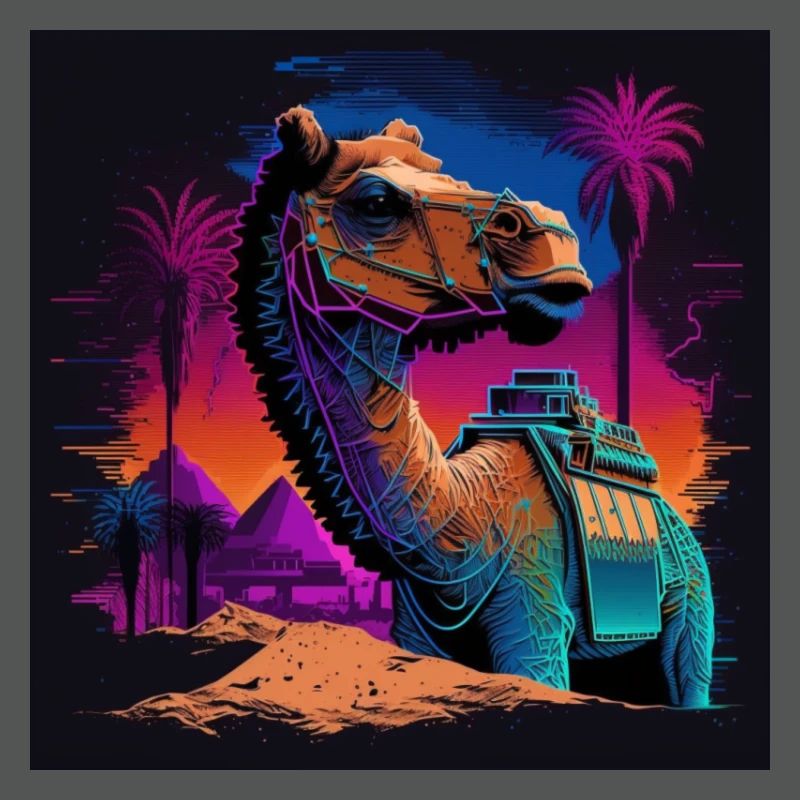 Camel with neon colors, synthwave / 80s