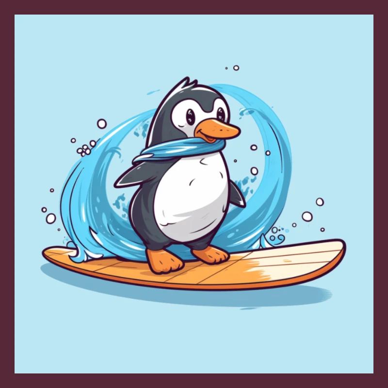 Pingouin de surf mignon sur une planche de surf