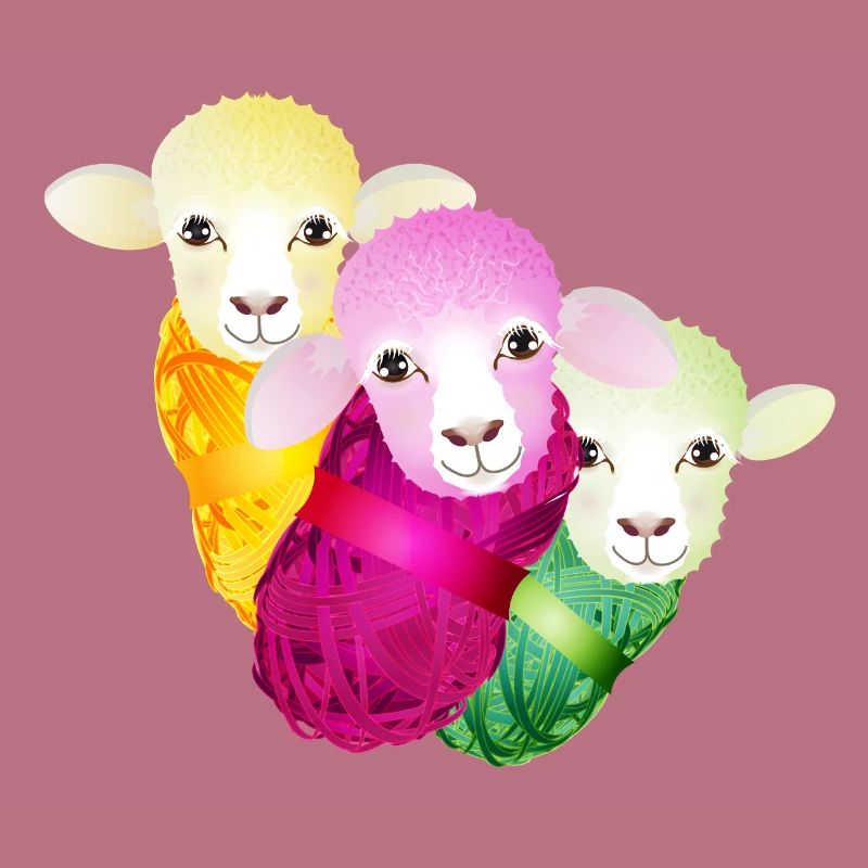 three colourful sheep with colour-coordinated wool