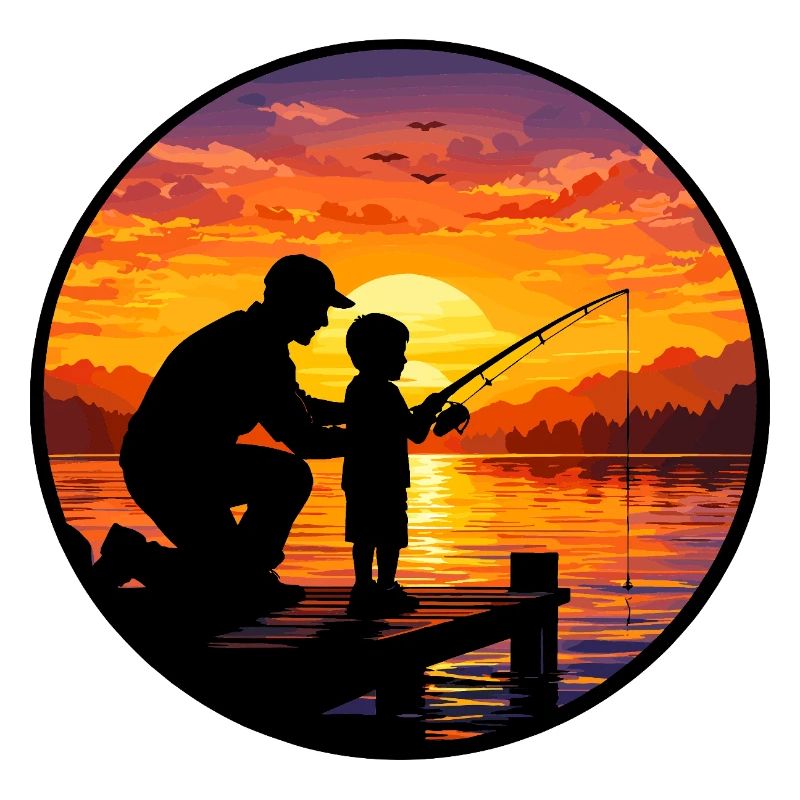 Pêche au coucher de soleil avec papa et enfant