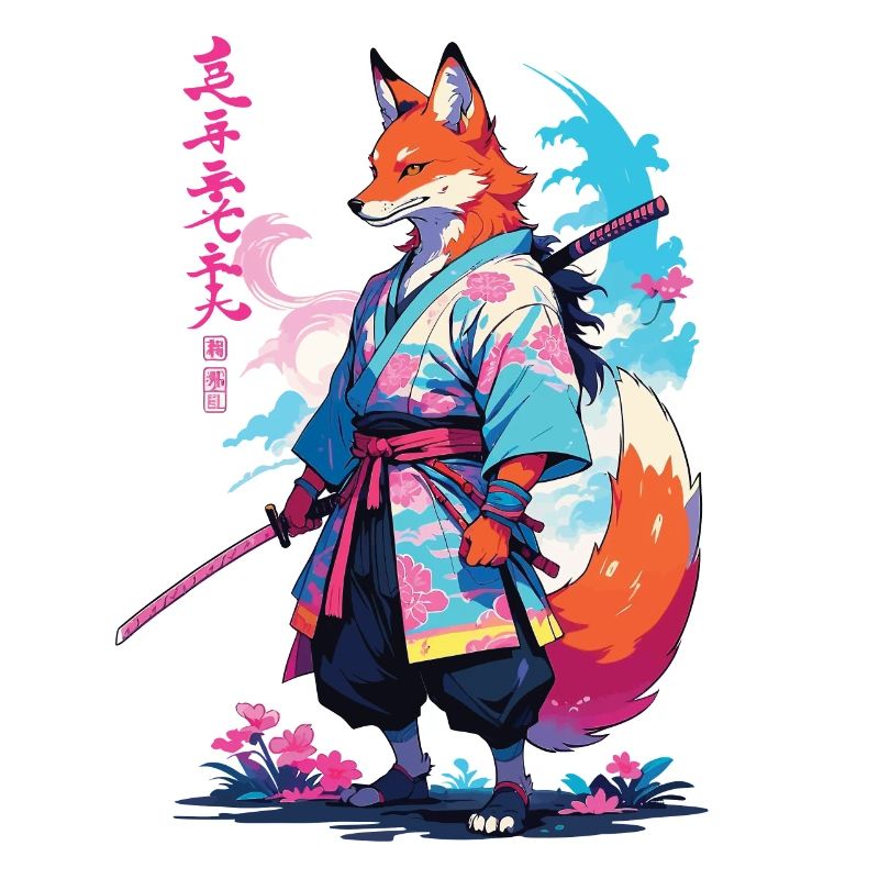 Kitsune Samurai Fox Aesthetic Vaporwave Style