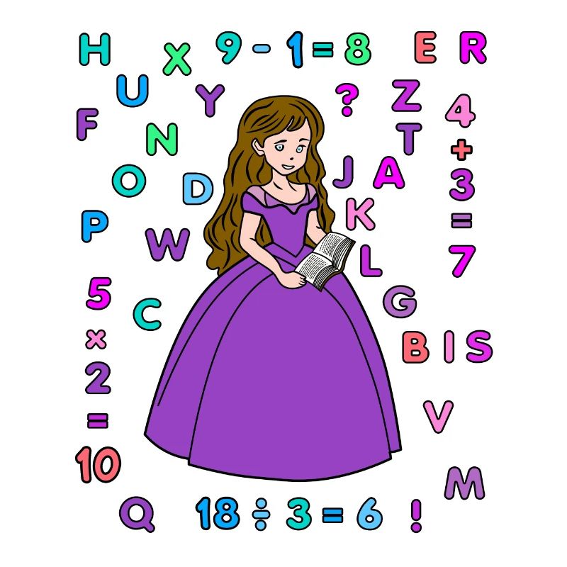 Princess with book, numbers alphabet school beginner