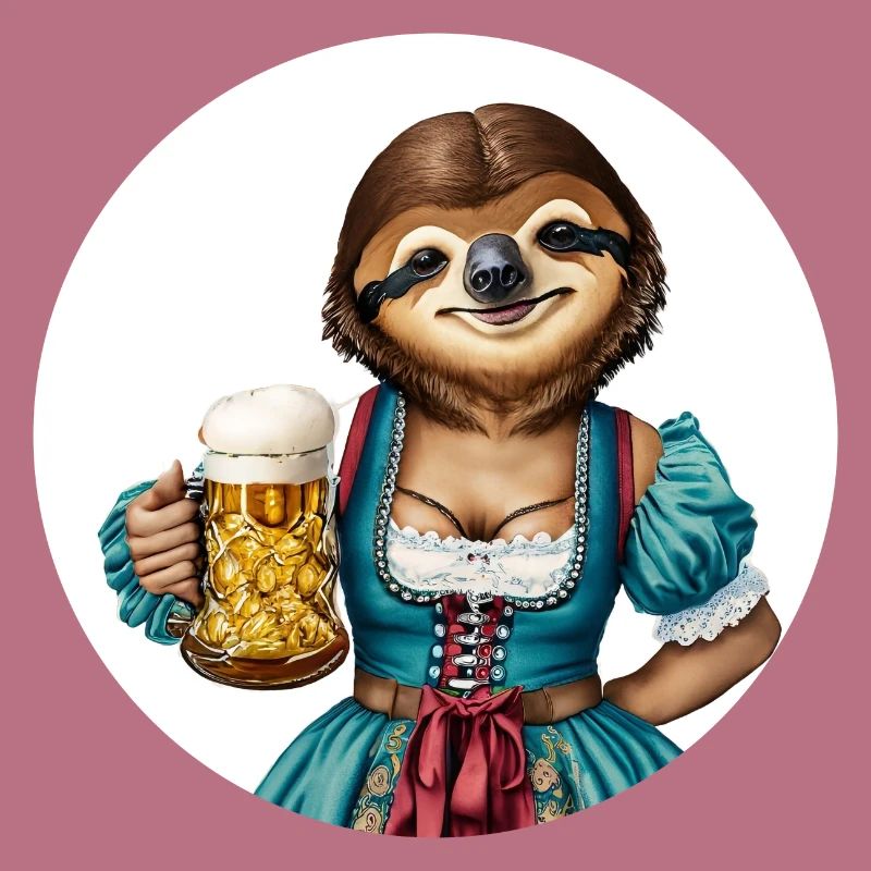 Faultier im Dirndl mit Bierglas