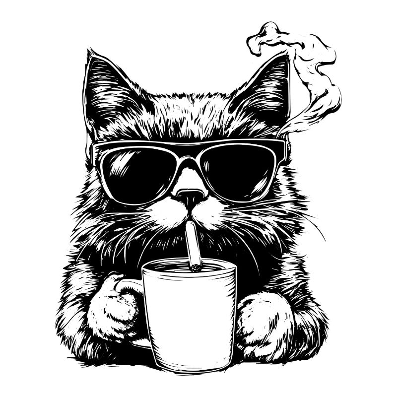 Cool : Chat avec des lunettes de soleil, une cigarette et du café
