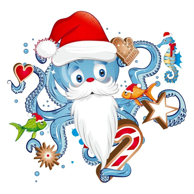 Octopus as Santa Claus with Santa Claus cap