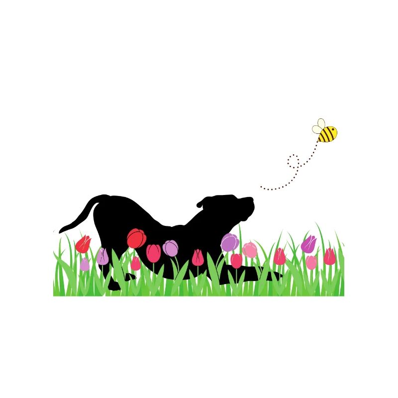 Spring design - playing dog, meadow, bee