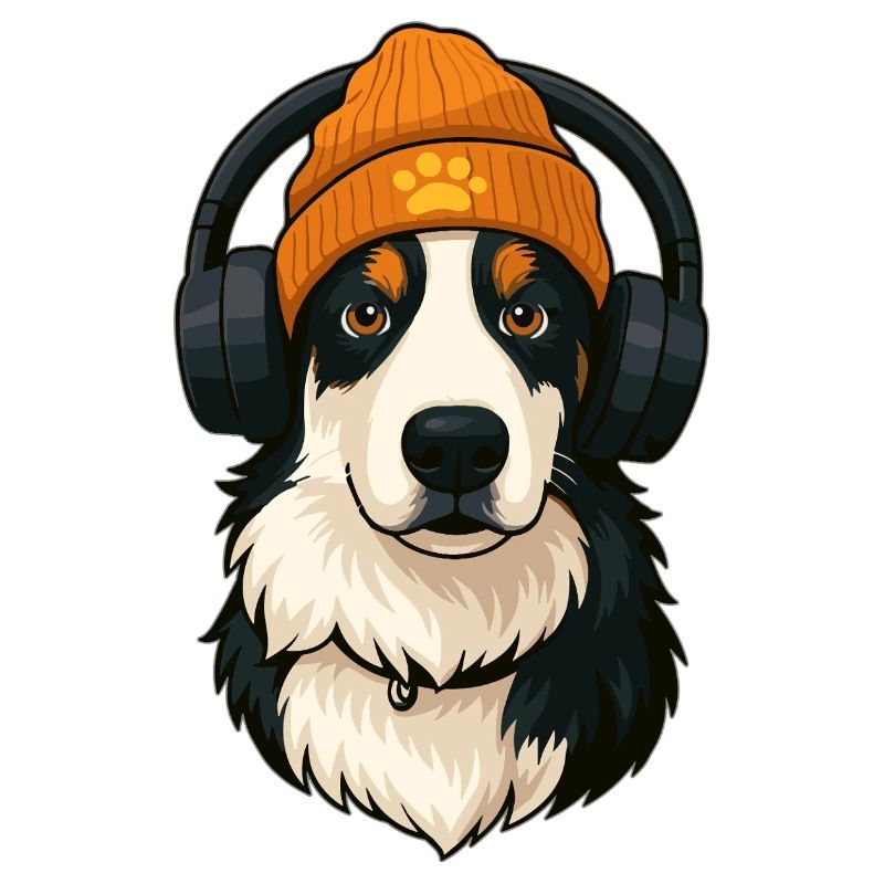 Cooler Australian Shepherd mit Mütze und Kopfhörer