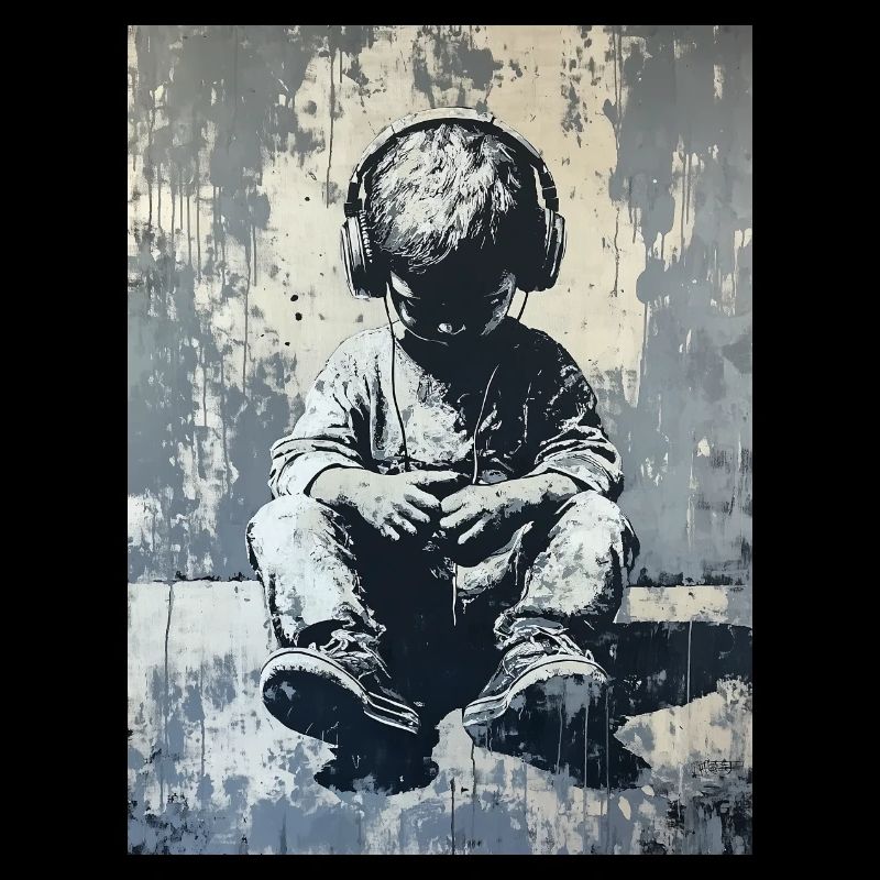 Banksy Style - Sitzendes Kind mit Kopfhörern