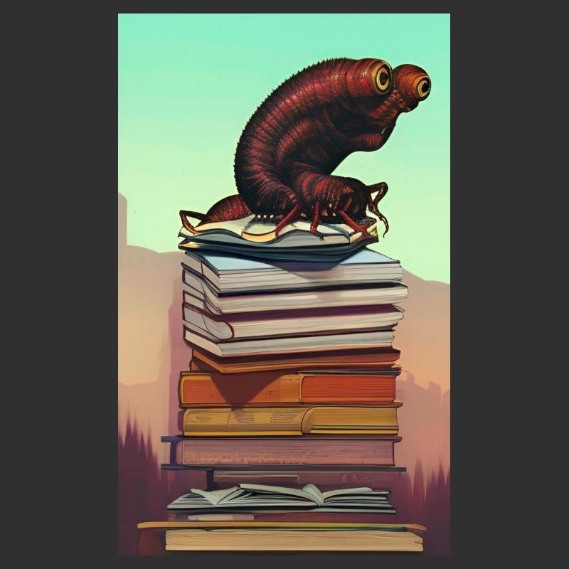 Comic Cartoon Creepy Bookworm Book Stack