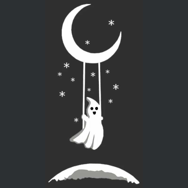 Cute ghost on moon swing in starry night