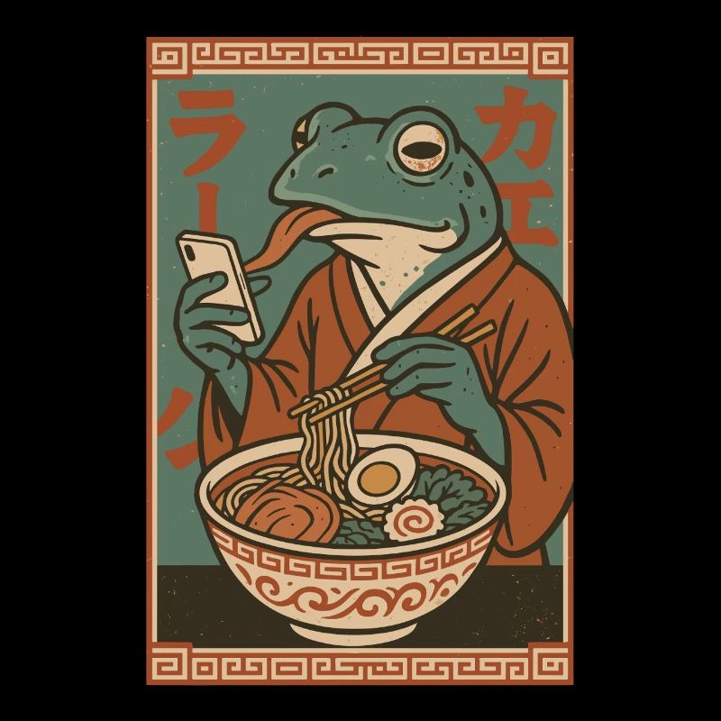 Funny frog, grumpy, Japanese art, ramen