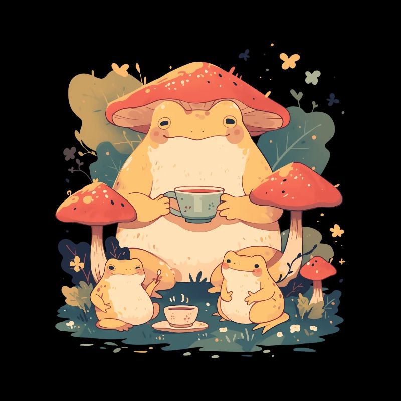 Frogs With Tea Toadstool Cottagecore Leaves