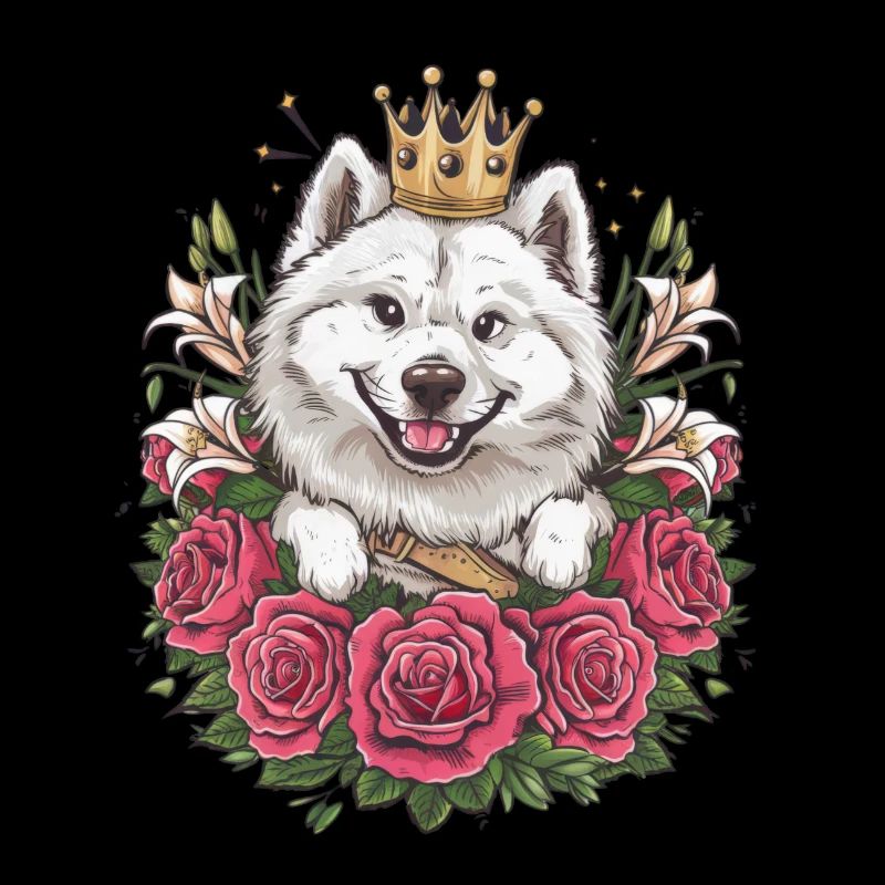 Spitz Samoyède doux aux roses et aux lys