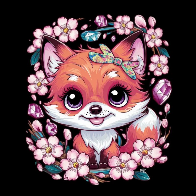 Kawaii Fox with Sakura Cherry Blossoms