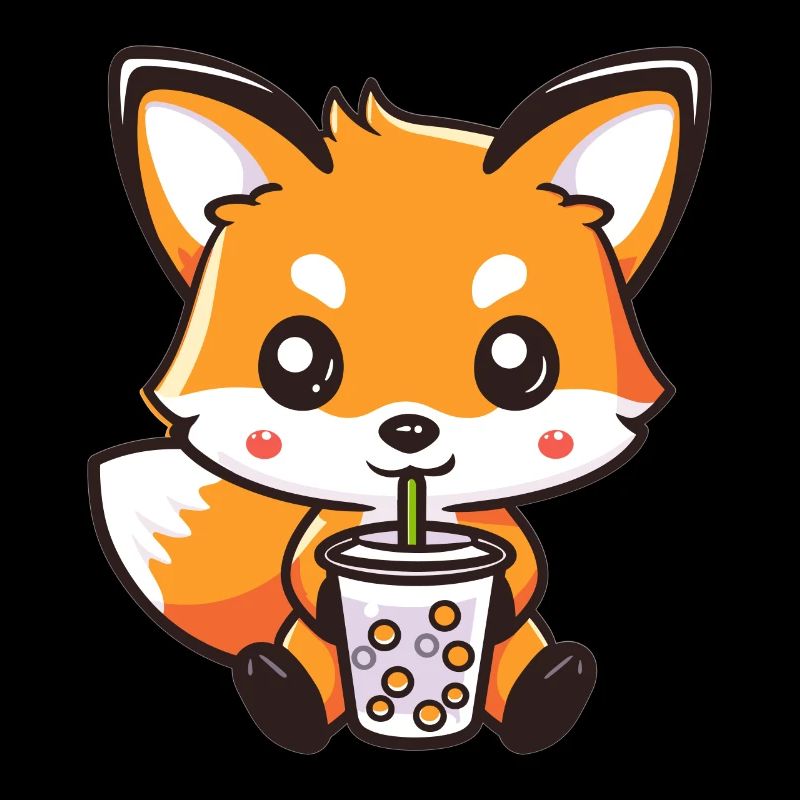 Kawaii Fox Drinking Bubble Tea Boba Anime Cute