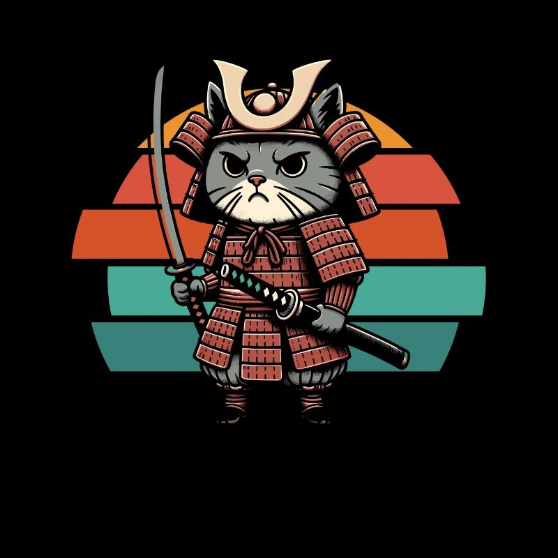 Japanese Samurai Cat Warrior Retro Ninja