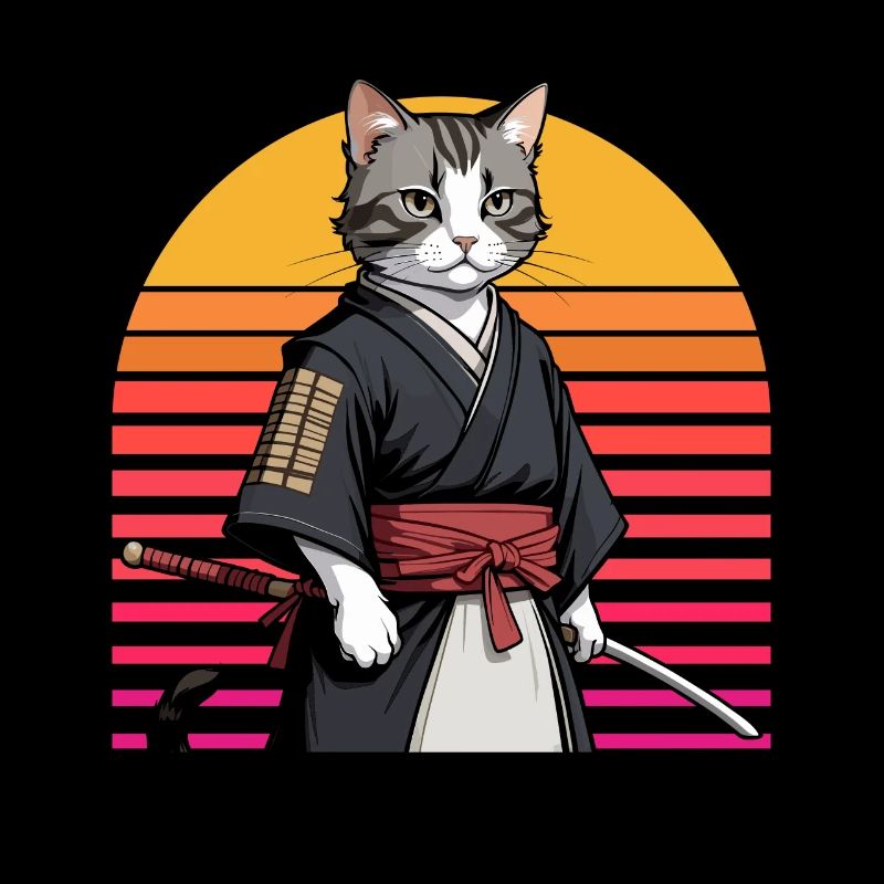 Japanese Samurai Cat Warrior Retro Ninja