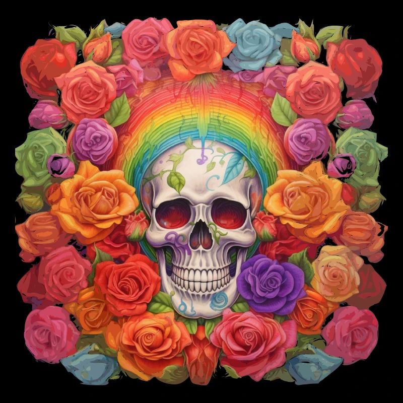 Crâne avec arc-en-ciel dans un lit de roses