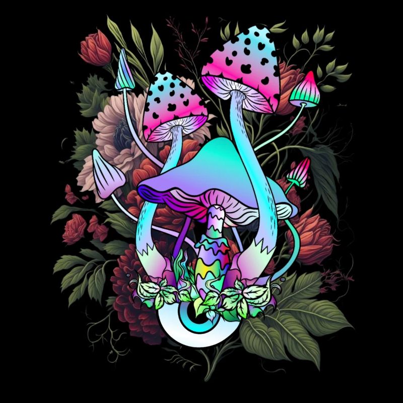 Champignon psychédélique avec œil et fleurs