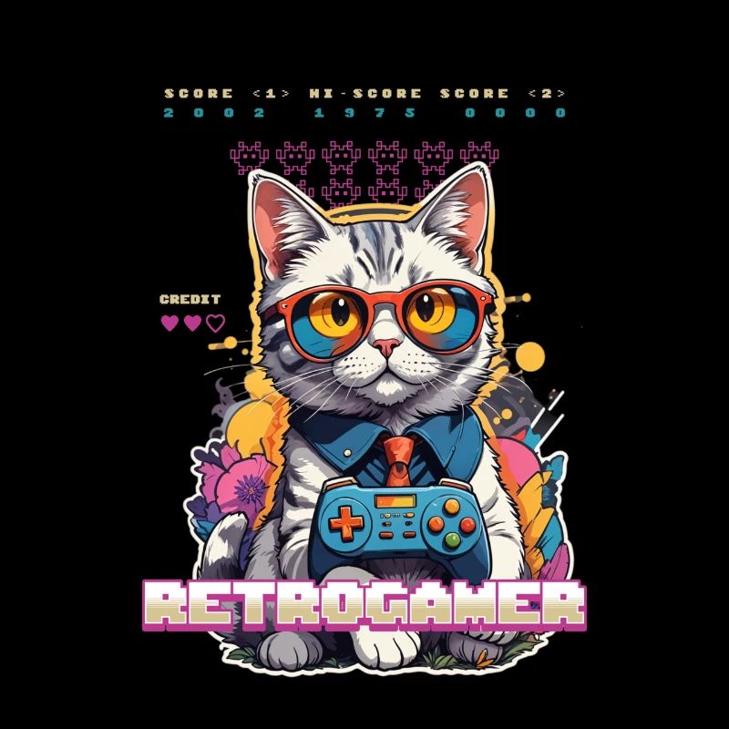 Retro Gaming Katze: Retrogamer mit Controller